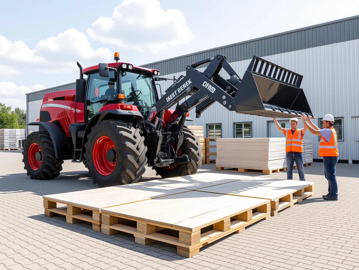 A high-quality compact board is being lifted by a tractor. Two workers are guiding the loading process. The tractor is a red model with a large black front loader. Modern building supplies are stacked on pallets in an industrial setting. The atmosphere is bright and focused on construction tasks.