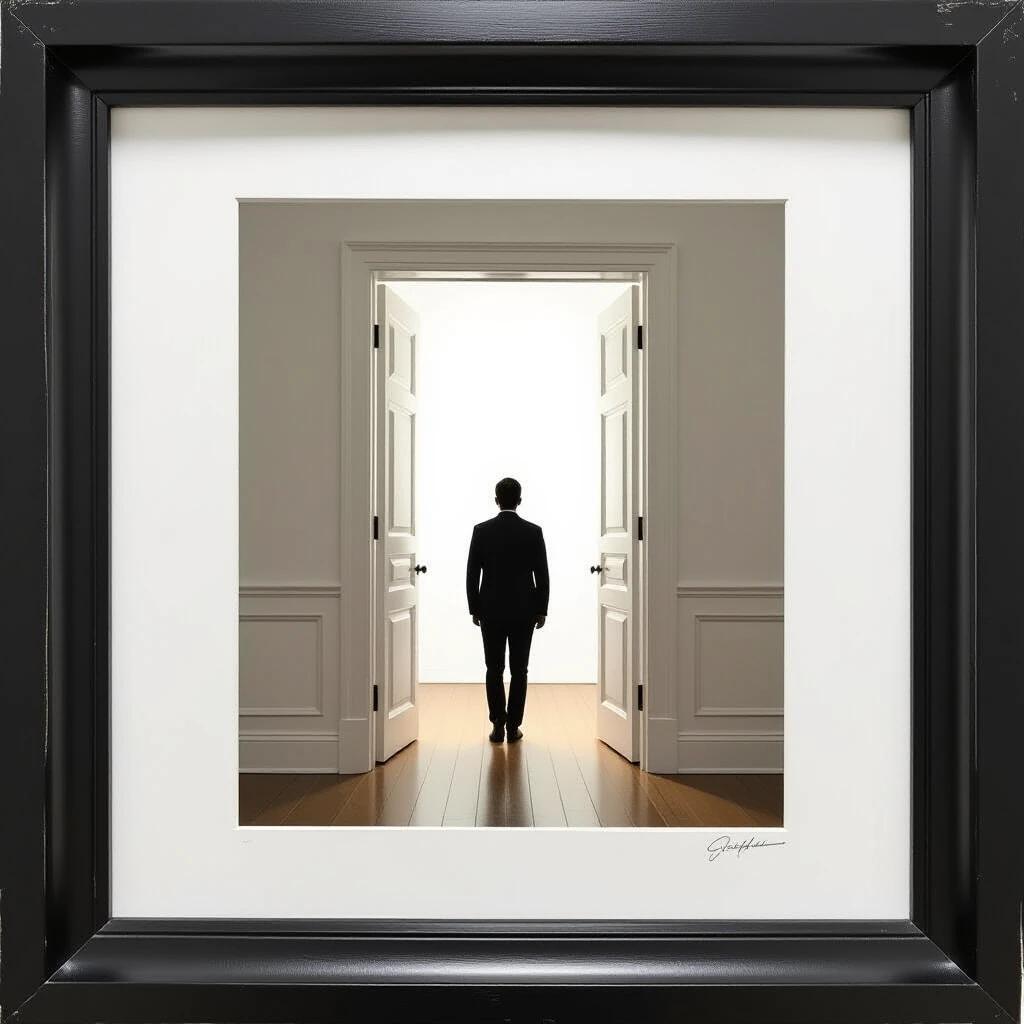Scene depicting a viewpoint within a room. A dark-framed doorway reveals a bright light. A person approaches from outside, gradually illuminated. The focus remains on the doorway. The viewer remains unseen inside the room.