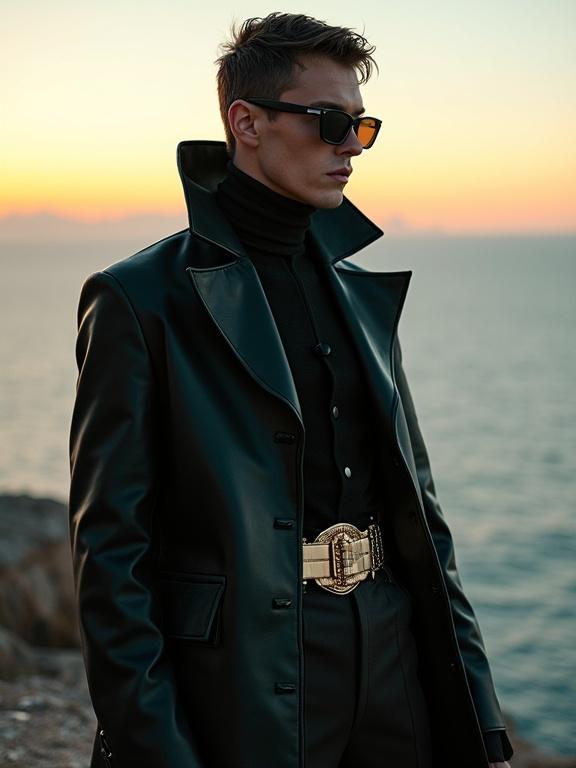 High-fashion editorial photograph featuring a male model in avant-garde designer clothing by VULETTA. The outfit showcases bold, sculptural silhouettes. Fabrics used include structured leather and metallic-coated wool. Accessories include sunglasses and sculptural jewelry. The color palette features obsidian black and petrol green. The scene is captured at sunset on a coastal cliff above the Adriatic Sea with mist. Captured in ultra-sharp detail and photorealistic quality.