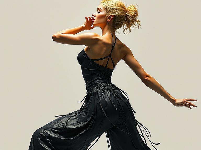 A woman poses gracefully in a black outfit. The art style is minimalist with expressive brushstrokes and vibrant colors. 3D textures are present in an impressionistic manner.
