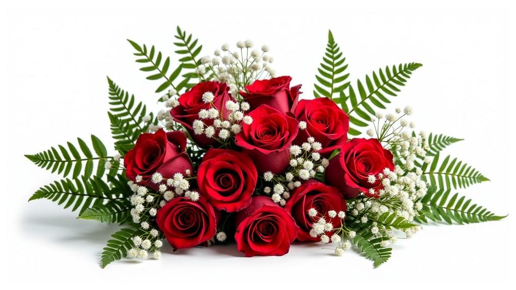 Stunning bouquet of red roses with delicate white baby's breath flowers and lush green fern leaves against a clean white background. A classic combination for romance and beauty, ideal for Valentine's Day weddings or anniversaries.