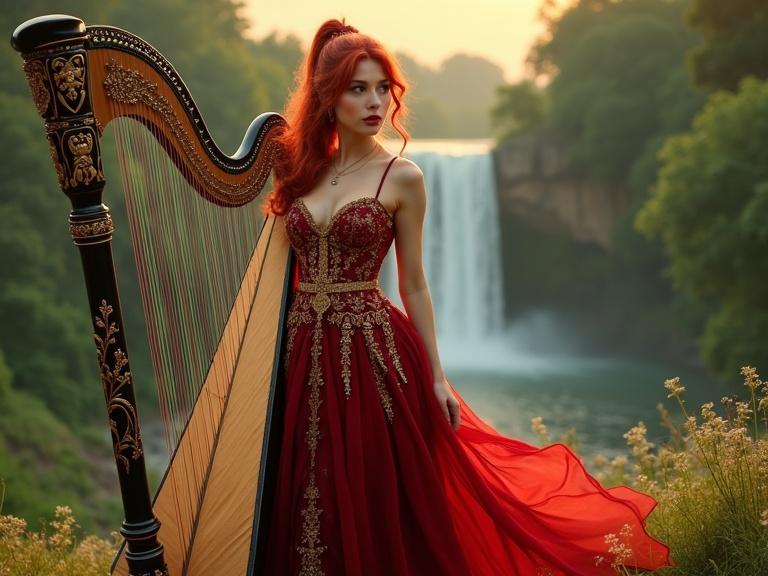 Female figure in a luxurious red dress with black accents. Red hair in ponytail and bangs. Holding a big harp. Environment features a waterfall and green landscape. Sunset lighting creates a heavenly atmosphere. Flirty look and high-definition green eyes.
