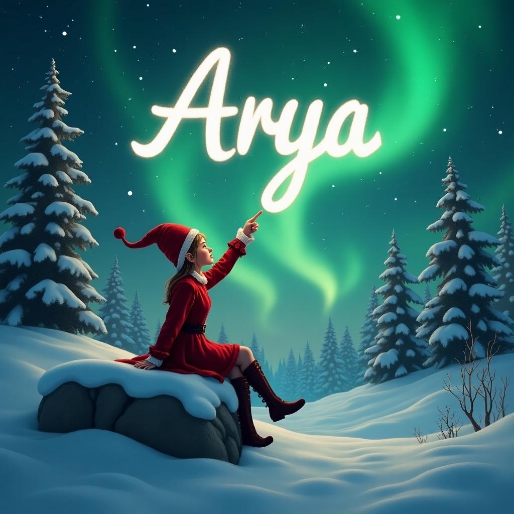 Scene shows an elf in a red dress sitting on a snowy rock. She wears a pointed hat with a bow. Above her, the northern lights glow magically. The name Arya is written in cursive magic. Snow-covered pine trees fill the background. The vibe is whimsical and celebratory of winter holidays.