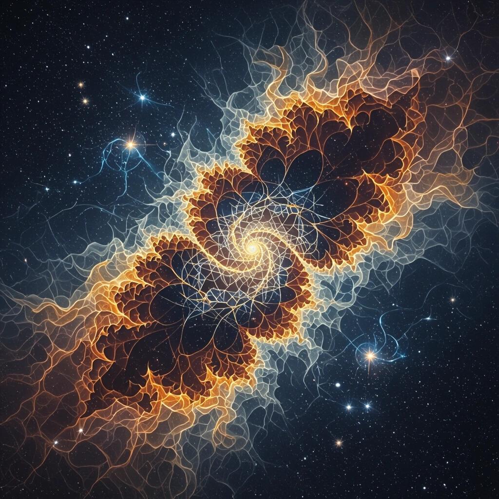 Surreal high tech design featuring a mandelbrot set. Dark nebula with cosmic elements and a wizard-like atmosphere.