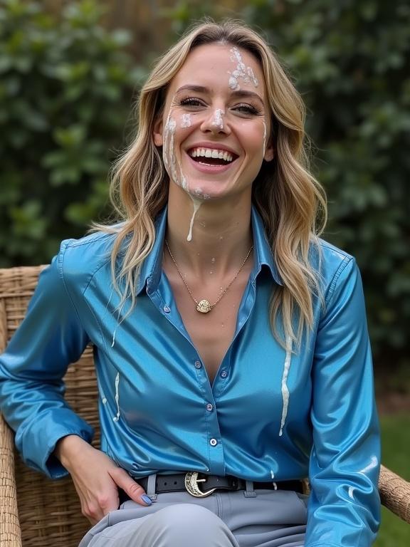 Woman sitting under a tank gunge dunk on a TV show. She is covered in gunge wearing a blue shiny shirt and grey tight trousers. Her expression is pleasant and smiling. Gunge drizzled on her hair and clothes. She laughs and has fun. Bright natural sunlight lights the scene.