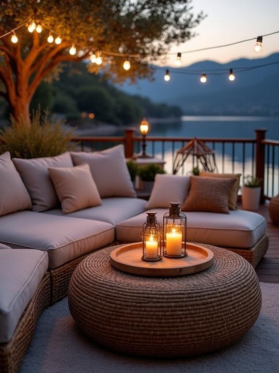 A beautifully styled outdoor lakeside deck lounge set during twilight. Creates a cozy romantic and serene atmosphere with soft lighting and natural textures. Features a woven round coffee table topped with a metal lantern and glowing candle. An L-shaped sectional outdoor sofa with plush cushions in muted earthy tones. Soft glowing string lights enhance the relaxing mood. Wooden decking and pots with plants frame the area, along with a calm water view. Perfect for evening gatherings or peaceful moments.