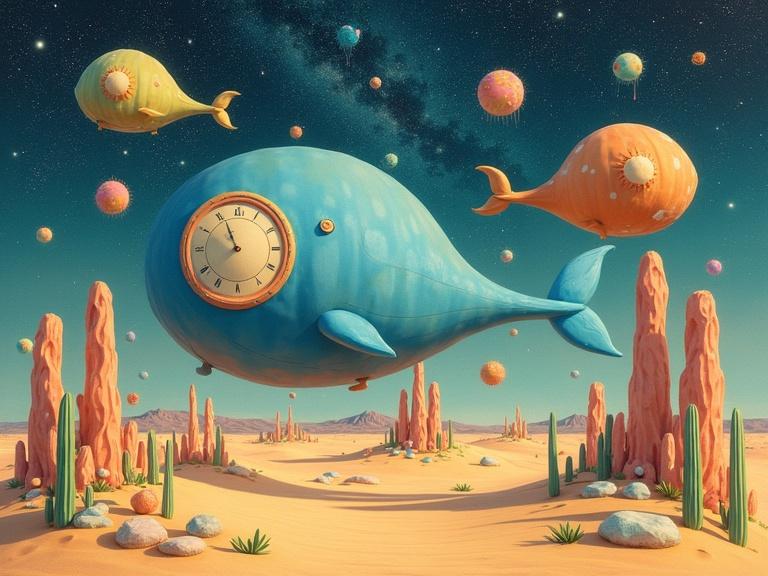 Surreal scene depicting giant colorful hot air balloons resembling whales floating above golden sands. Crystal-like cacti with melting clocks draped over them. A galaxy filled with stars in the night sky. Atmosphere filled with whimsy and vibrancy. Artistic style influenced by Salvador Dalí and Zdzisław Beksiński. Overall soft pastel colors dominate the image.