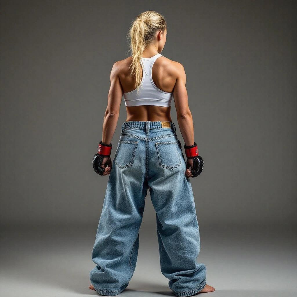 Female MMA fighter posed in a full body image from the back. Sweat on skin shows exhaustion. Fierce look captured. Blonde female wearing ultra wide baggy jeans and white sports bra. Bare feet and natural professional pose. Clean studio lighting in industrial setting. Ultra HD details and texture on fabric visible.