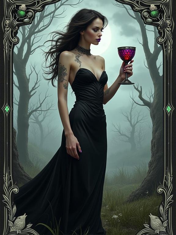 A seductive vampire has deep purple lips. She wears a sleek black dress with a long train. The vampire holds a jeweled goblet of blood. She stands in a desolate moor under a cloudy sky. Gnarled trees surround her. The howling wind adds to the atmosphere. The card border features crow and thistle motifs with gray and green decorations. Black diamonds adorn the border.