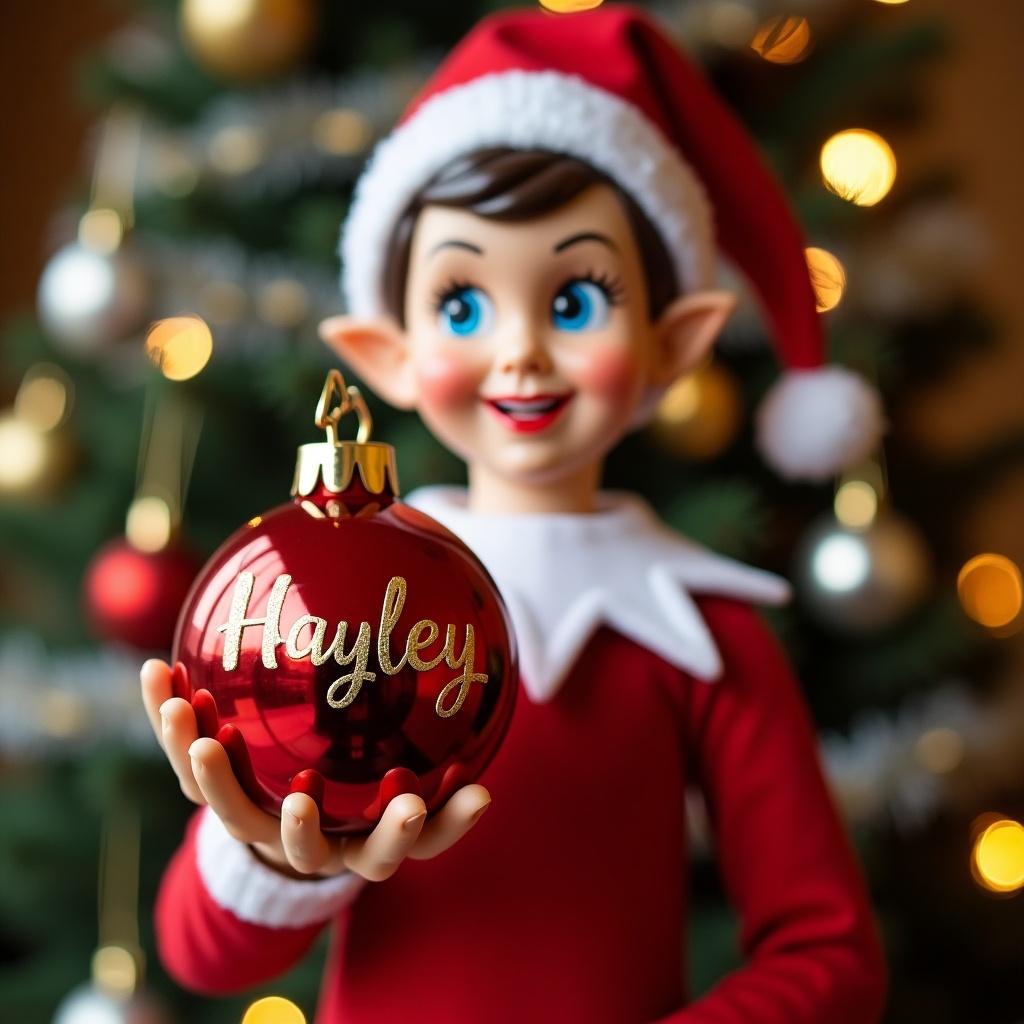 Image of a cheerful Christmas elf in festive red and white attire. Elf is holding a shiny red Christmas bauble personalized with the name 'Hayley'. Background shows a decorated Christmas tree with glowing lights, creating a warm holiday atmosphere.