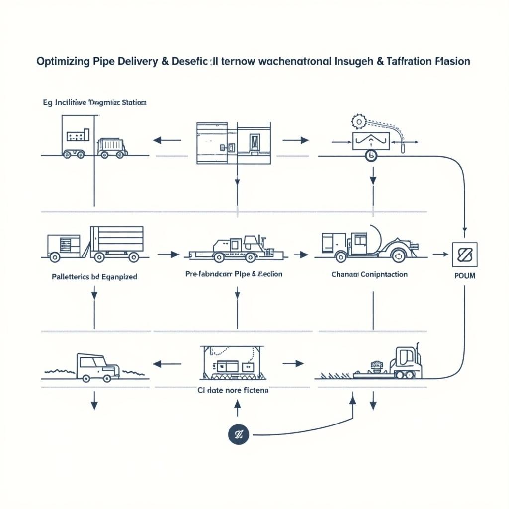 This image illustrates the optimized pipe delivery process. It starts with a focus on organizing palletized pipe sections at an initial station. An automated station follows that cleans and chamfers pipes. Prefabricated sections with necessary fittings are then moved to the installation site. A laser level ensures proper alignment during installation. The final step includes mechanized backfilling and compaction to finish the project.