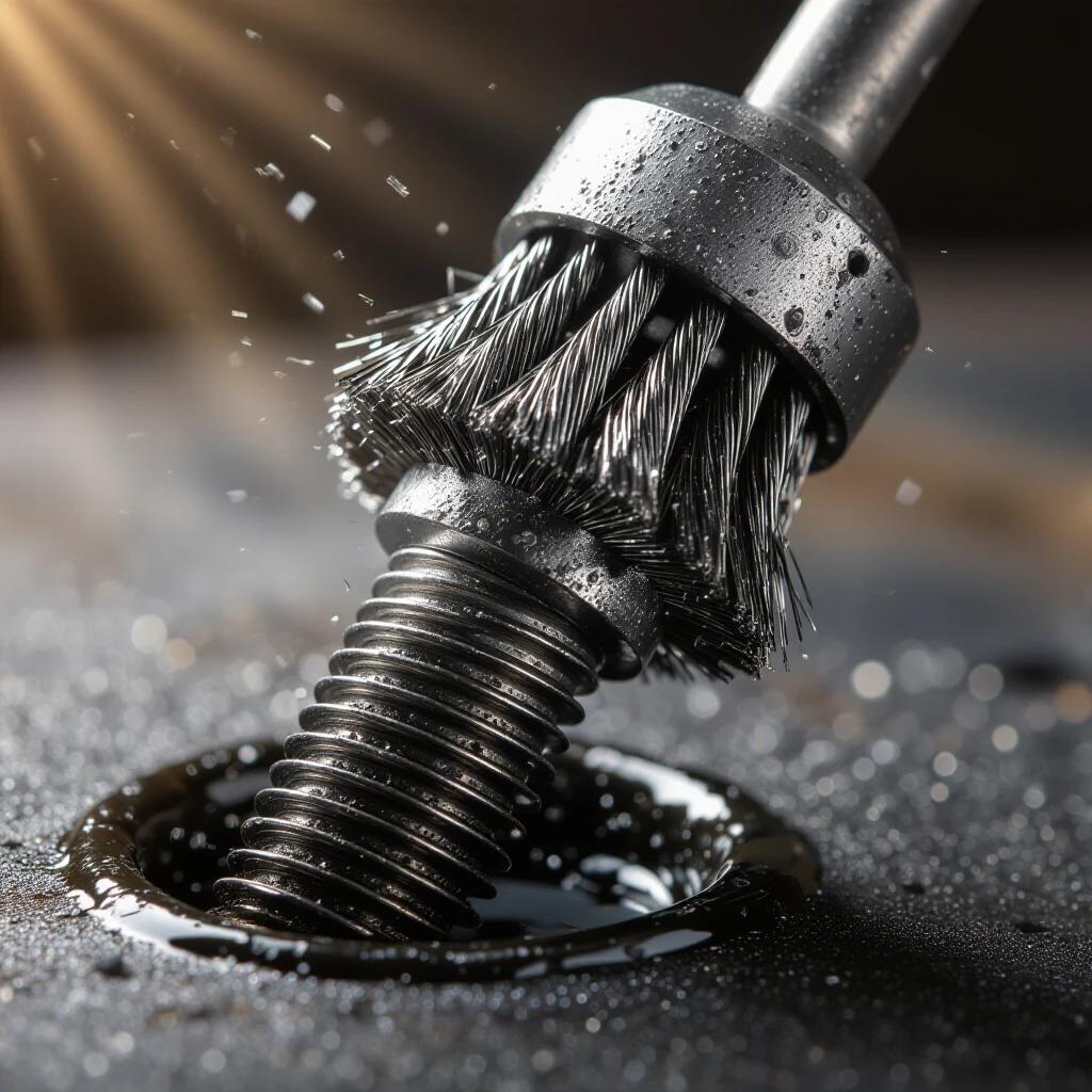 Ultra realistic macro photograph showing a steel wire brush cleaning an oil-caked spark plug. Focus on the brush wires scrubbing the electrode area. Glossy black oil sludge and metallic carbon deposits visible. Steel bristles bent under pressure with microscopic metal shavings. Dramatic lighting casting deep shadows. Industrial color palette with oil black and rust accents. Captures raw mechanical struggle and the brush as an unsung hero. Extreme depth of field and focus stacking techniques used to highlight details.