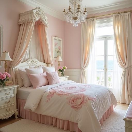 Photo of shabby chic bedroom with light pink and white colors. Cream accents present. Contains crystal chandelier and light pink roses in vase placed on nightstand. Features white Rococo canopy bed. Light pink rose print on comforter and pillows. Pink rose painting framed in white Rococo style on wall. Light cream walls create a soft ambience. Beach view visible through window.