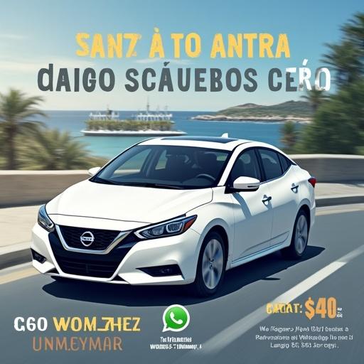 Visual content for a car rental service advertisement. Includes a large header, a subtitle about car troubles during work. Call to action for immediate solution. Benefits listed with check icons including insurance, valid license, credit card. Daily price noted and a discount for long-term rentals. Motivational phrase in bold. Call to action with WhatsApp icon and contact info. Image of a white 2017 Nissan Sentra with a sunroof.