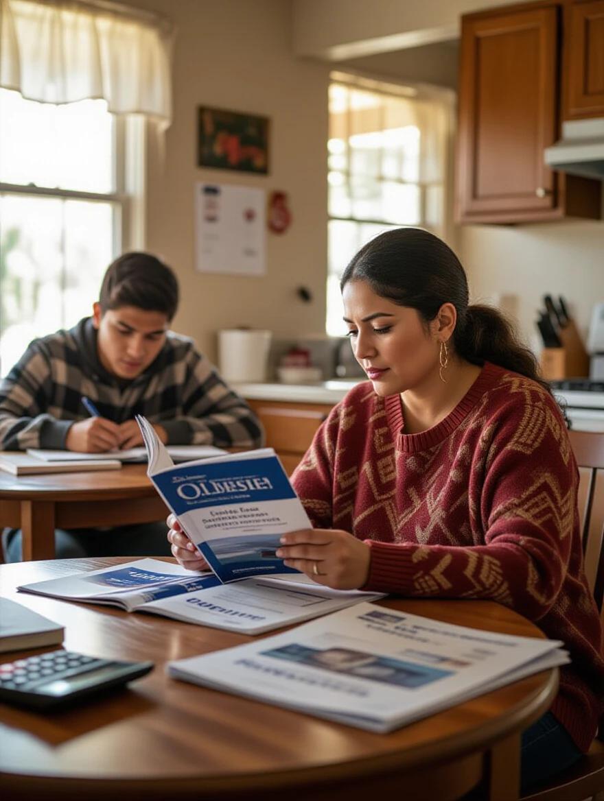 Latin American mother in late 30s sitting at kitchen table reading college brochures. Teenage son studying in background with warmth and concern. Modest room with financial signs. Photorealistic with cinematic composition and shallow depth of field.
