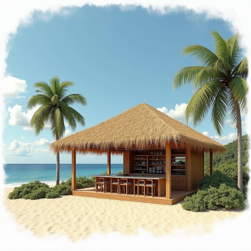 This image features a palapa building set against the beautiful backdrop of the Pacific Ocean and Santa Barbara beach. The structure is characterized by a hipped thatch roof made of hay, giving it a traditional island feel. Beneath the palapa, light wood floors create a warm and inviting atmosphere. Inside, the bar boasts a modern interior design, perfect for enjoying drinks while overlooking the ocean. Surrounding the palapa, lush greenery and palm trees enhance the tropical ambiance, making it an ideal getaway spot.