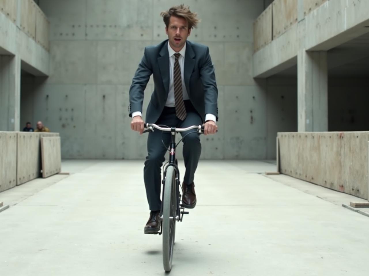 A man dressed in a formal suit is riding a bicycle on a smooth, white surface in a large indoor space. The setting appears to be an unfinished building or construction site, with concrete walls and temporary barriers visible in the background. The man has tousled hair and looks somewhat focused as he pedals. His suit contrasts with the casual nature of cycling, creating a humorous or unexpected visual. The environment is bright, suggesting good lighting conditions, and there are no other people in sight.