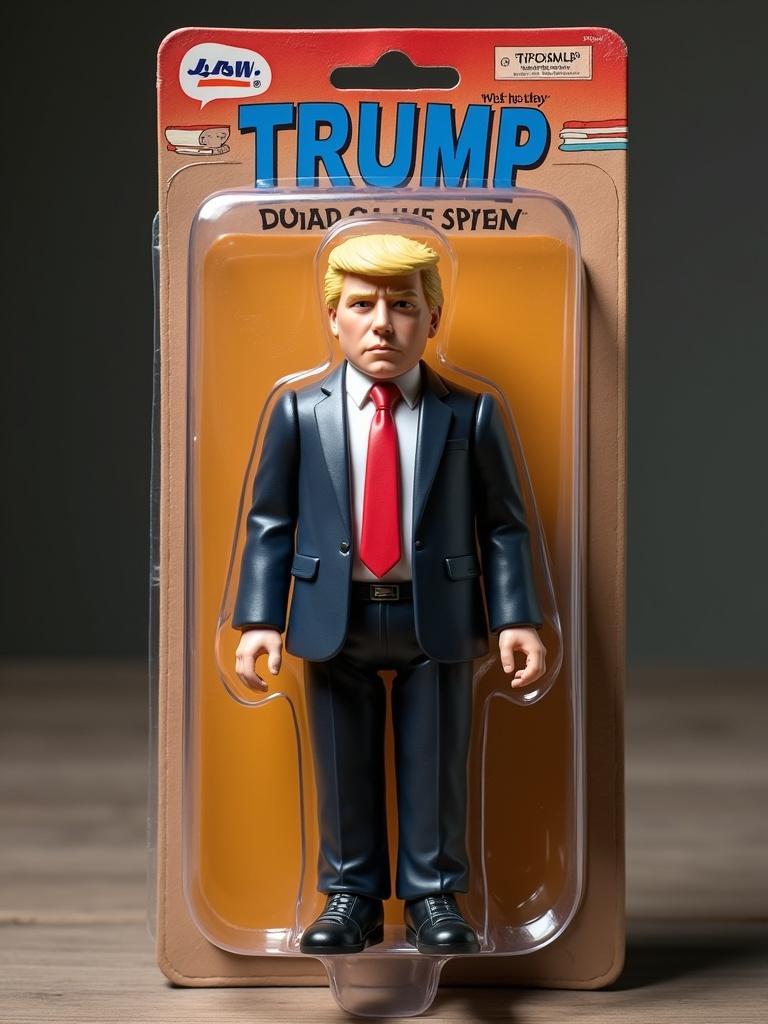 Photorealistic action figure resembling Donald Trump in classic blister packaging. Figure upright in clear plastic shell with rectangular cardboard backing. Thematic background and bold title reflect identity. Lighting highlights plastic texture and realism of packaging.