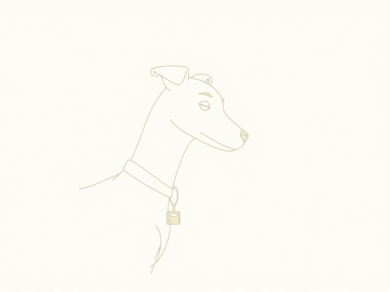 A minimalistic line art drawing of a dog's profile. The dog has a slender neck and a slight smile, showcasing its curious expression. Its ears are perked up, and the collar around its neck features a few simple details. The background consists of soft, abstract shapes to suggest a natural environment. The lines are clean and fluid, capturing the essence of the dog with minimal detail.