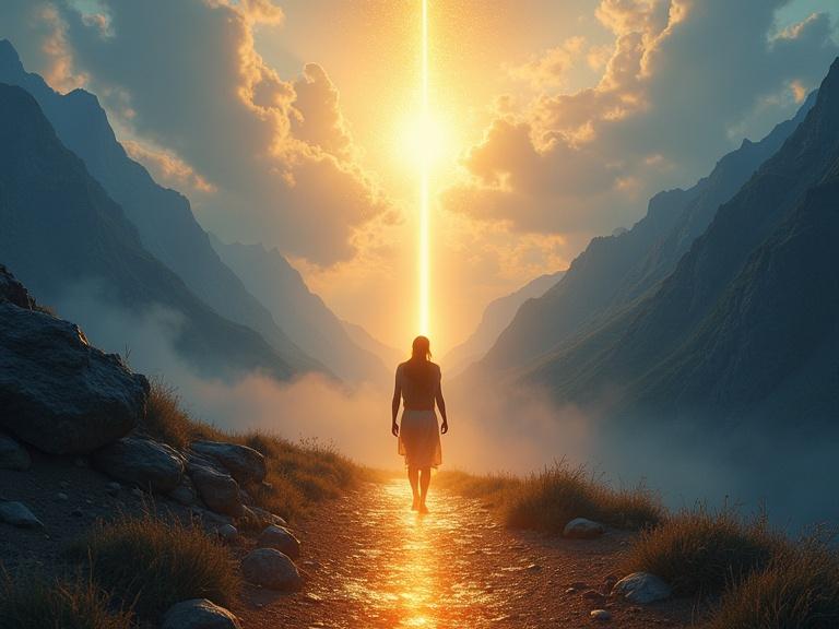 A figure walking along a glowing path leading into mountains. A strong divine light shines from above, creating a symbolic atmosphere. The scene features golden and blue tones, captured in a vertical aspect ratio.