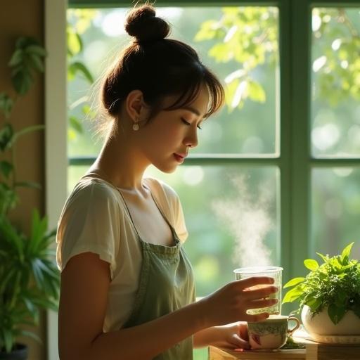 Woman selling green tea in a cozy environment. Soft morning light fills the room. She holds a cup, steam rises. Emphasis on natural elements and relaxation