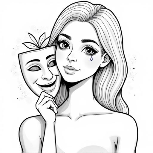 Gender-neutral person holds cracked smiling theatre mask. Real face shows a single tear and calm gaze. Small leaf sprouts from crack in mask. Standing upright with relaxed shoulders. Gentle swirl aura lines behind. Black and white line art. Thick clean outlines. Minimal line density. Wide white space. Centered portrait.