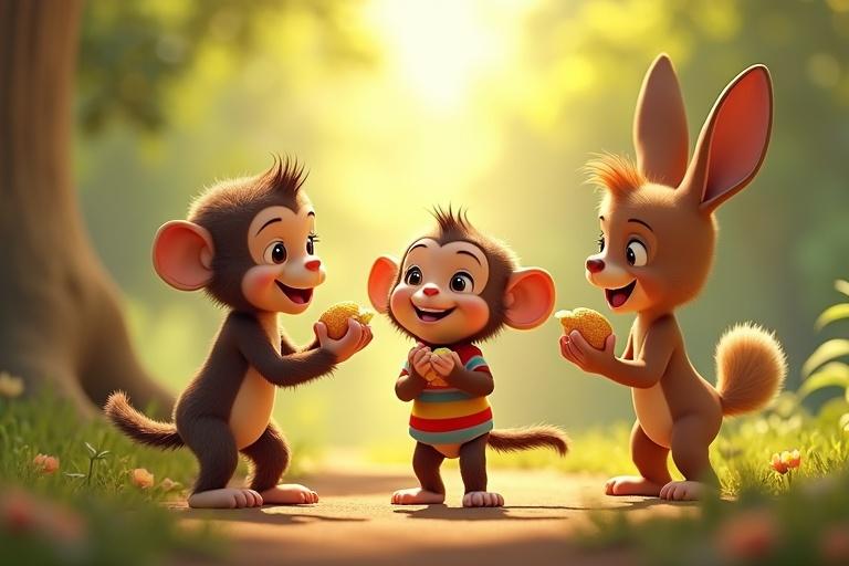 Anthropomorphic animals in a sunlit clearing. Monkeys and a rabbit sharing food. They stand on two legs, wearing colorful forest attire. Realistic human-like expressions. Joyful scene with sunlight enhancing the jungle setting.