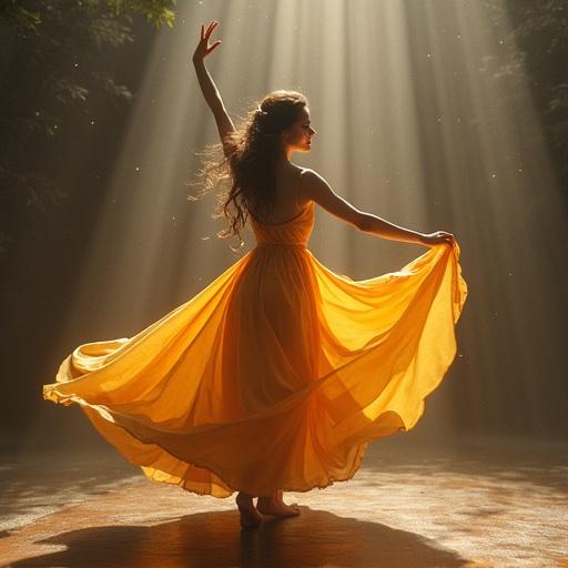 A dancer in a flowing yellow dress expresses freedom with elegant moves. Soft light filters through the trees, illuminating the scene. Natural setting enhances the ethereal feel.
