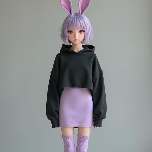 Full-body portrait of a young woman with pastel lavender hair styled in twin-tails. She wears a black cropped hoodie over a fitted lavender dress. Bunny ears extend from her hood. Relaxed posture standing against a plain backdrop. Natural appearance with minimal makeup.