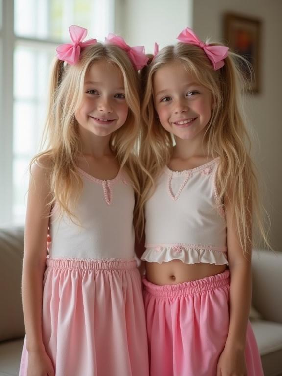 Two girls with blonde hair in long twin tails adorned with pink bows wear matching outfits with skirts. They stand in a bright living room and smile happily for the camera, celebrating a birthday.