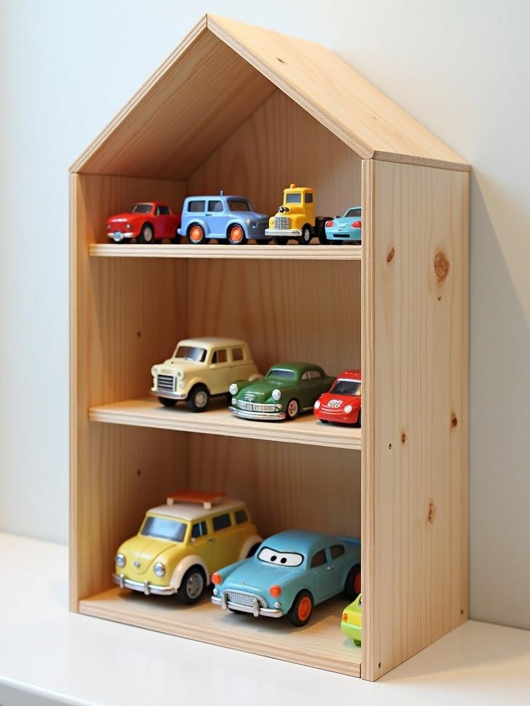 Design a wooden shelf that resembles a garage. It stores toy vehicles of various sizes. The shelf is sturdy and safe for children. It is made from non-toxic materials. The design is appealing to kids. Include simple assembly instructions with visuals.