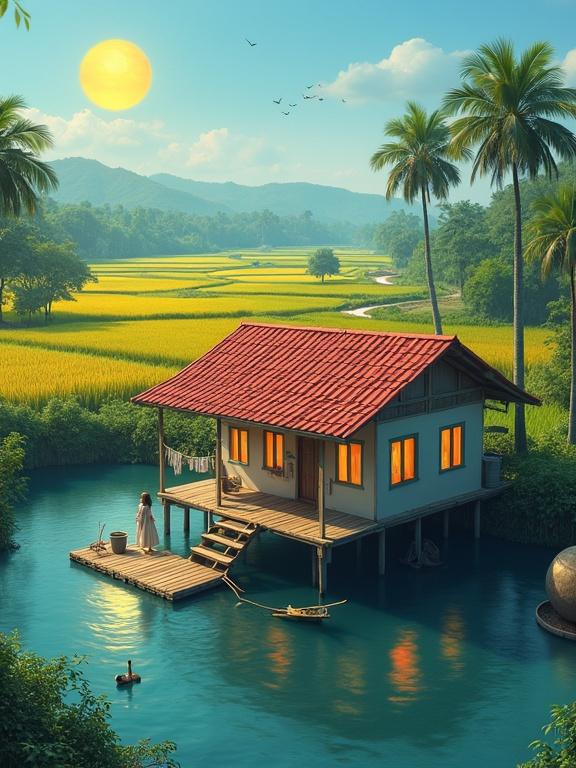 Traditional stilt house in a tropical landscape. Elevated house with tiled roof. Light red color with wooden porch. Lush rice paddies in the background. Calm blue water surrounding the house. Person in light dress on the dock. Bright blue sky and glowing sun.