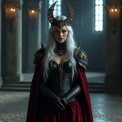 A young woman embodying the goddess Hecate. She wears black and deep crimson gothic armor with moon and star motifs. The armor is detailed. A grand crown shaped like a crescent moon and trident rests on her head. She stands in a dark throne room. Soft moonlight filters through windows. Magical glyphs glow on the floor. Long silver hair cascades around her shoulders. Her face is soft and gentle with a faint blush. She has a shy smile. Head slightly bowed, eyes looking ahead with a timid gaze. Fingers fidget together in front of her waist. Magical particles drift around her. Hyper-realistic lighting accentuates texture and depth.