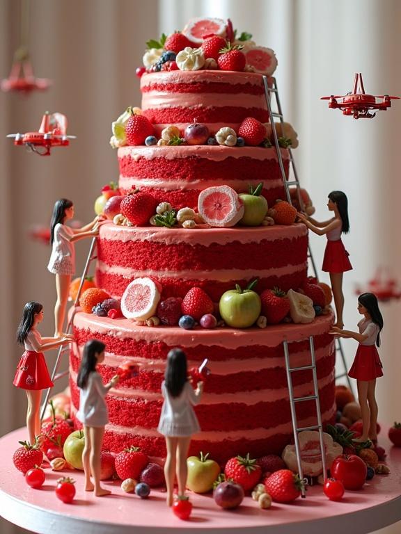 Ultra-realistic scene of a massive red velvet cake decorated with fruits, nuts, and jellies. Team of miniature female cake artists meticulously crafting the cake. Tiny girls in stylish skirts using specialized tools. Some on ladders, others operate mini drones and cameras. Vibrant atmosphere showing details of cake and figures. Brandings on tools and platforms read 'RNTYC'. Lighting enhances the realism of textures and features.