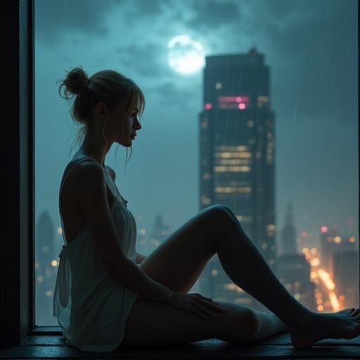 Realistic and cinematic image of a blonde woman with hair in a bun. She wears a loose camisole and long stockings. Sitting on a skyscraper windowsill, she gazes outward with a melancholic expression. A blurred skyscraper is in the background. Nighttime urban cityscape with dark clouds and neon lights. Frontal angle. Dramatic side or above lighting with shadows. Cool color tones with highlights. Includes texture details and rain particles. Rendered in 4K resolution.