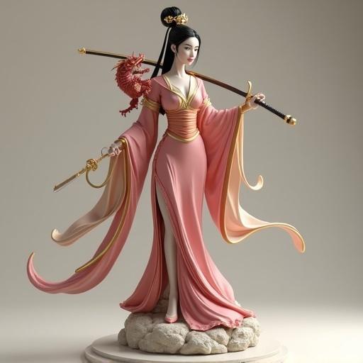Resin figure of an Asian woman inspired by Mulan. She wears a gold and pink kimono. Long hair in a bun with gold ornaments. Standing in a majestic pose. A red dragon on her shoulder. Holding a long sword. Determined gaze. On a rock base with a neutral background. Realistic sculpting style for collectibles.