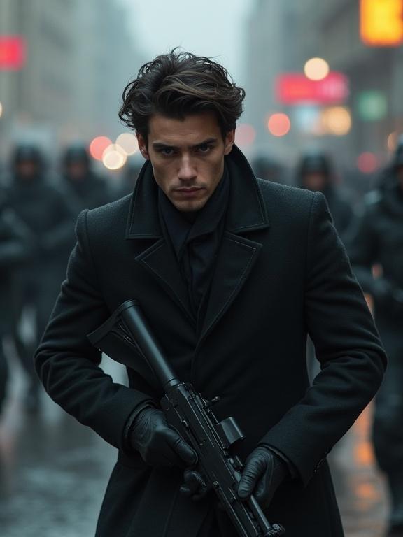 Photorealistic cinematic image of an assassin on the run. The setting is modern day Moscow. The main character is a young European man with dark hair. He is holding a rifle and is surrounded by soldiers in the background.