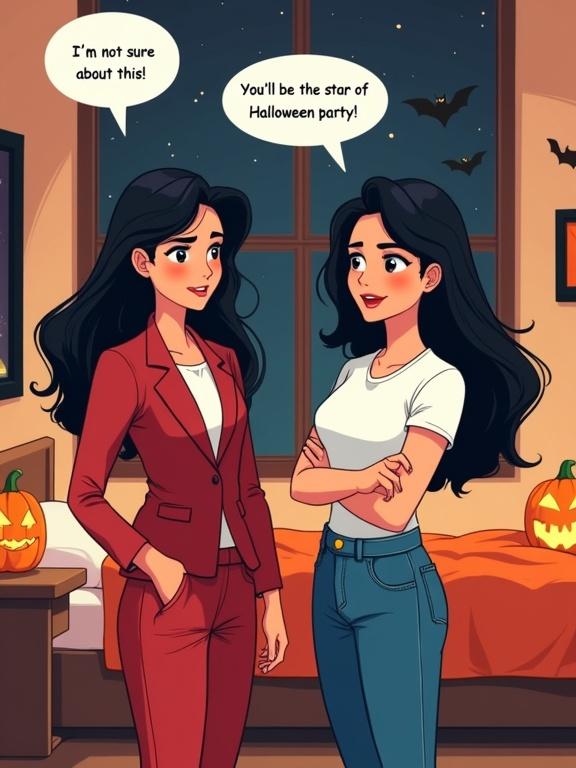 Digital comic-style illustration in a cozy bedroom. Two women stand together. One wears a red business suit showing uncertainty. The other wears casual blue jeans and a white t-shirt displaying a supportive smile. The window reveals a dark night sky with stars. Room decorated with Halloween motifs. Includes a black and white bat poster and a glowing jack-o'-lantern. Speech bubbles convey dialogue. Warm color tones and soft lighting enhance the cozy atmosphere. Modern comic book style with clean lines and flat colors.