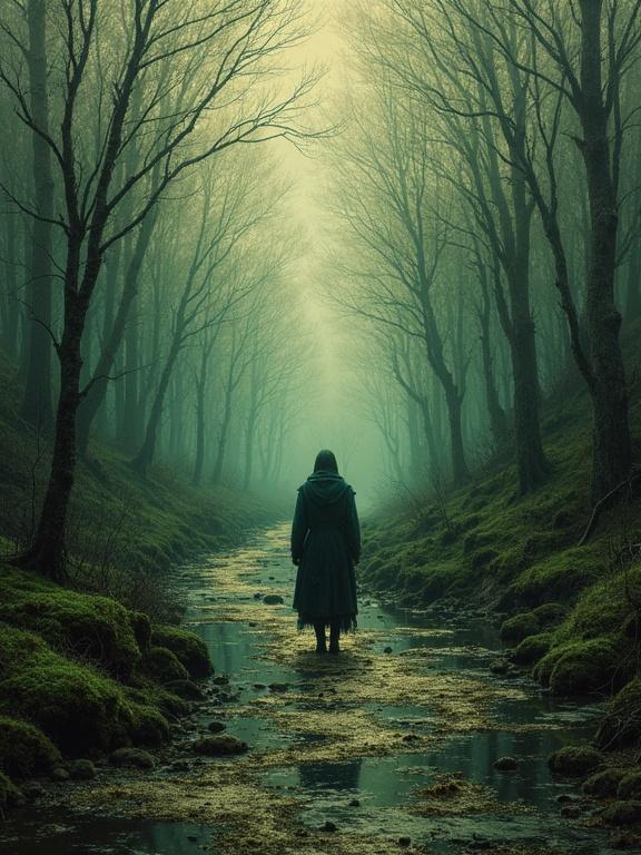 A mysterious figure stands in a foggy forest. The figure is clad in a hooded cloak. The scene is set with dark trees and a stream running through a moss-covered area. The overall mood is eerie and atmospheric, invoking a sense of wonder and unease.