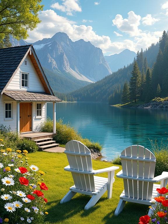 Picture of a lakeside scene depicts a cozy house with a vibrant garden. House is charming with white exterior and gray roof. Features a porch, wooden door, and chimney. Two white Adirondack chairs sit on the lawn. Colorful flowers bloom in the garden. The calm lake reflects mountains under a bright blue sky. Afternoon sunlight creates a serene atmosphere.