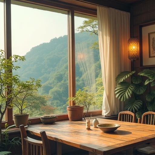 A serene Japanese countryside scene in summer. A wooden table is set near a window. The view shows lush green hills and trees. Soft sunlight floods the room. Minimalist interior with plants and decorative items.