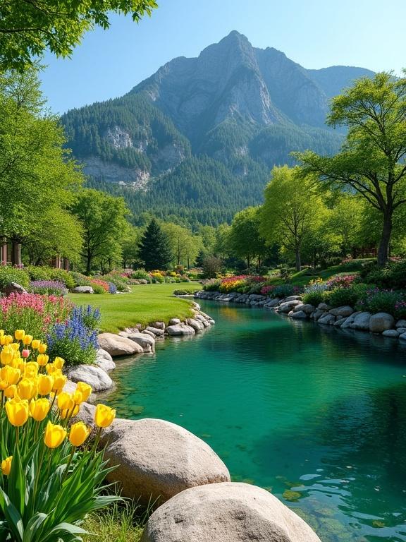 Vibrant natural landscape with a garden pond surrounded by colorful flowers and mountains. A clear blue sky enhances the scene. Ideal atmosphere for reflection and tranquility.