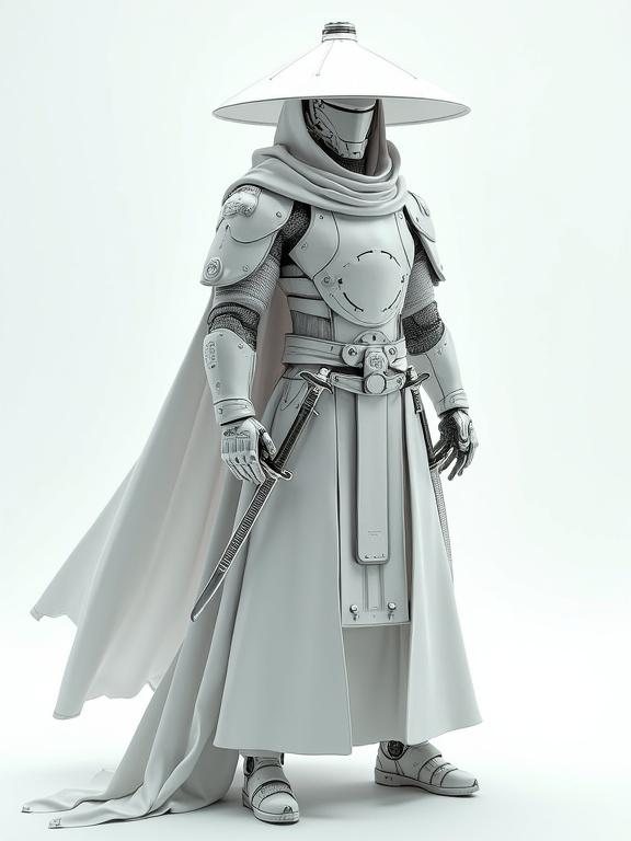 Ultrarealistic depiction of a cyberpunk samurai in metallic armor with mechanical features. Features include a traditional conical hat, a flowing cloak and scarf, with dual katanas at the waist. The design merges futuristic and traditional styles. The color scheme is white and gray, with a clean minimalist background. Influenced by Ghost in the Shell aesthetics for a high-tech look.