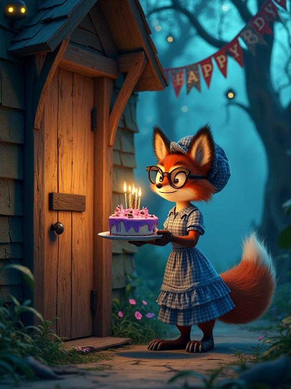3D illustration of a sly fox in a blue dress and glasses at a cottage door. Fox holds a birthday cake with glowing candles. Forest background with twisted trees and glowing eyes. Dark and whimsical atmosphere.