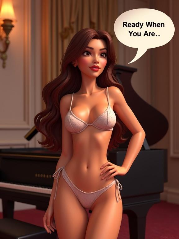 3D character in a bikini stands in a luxurious room with a piano. A speech bubble says Ready When You Are.