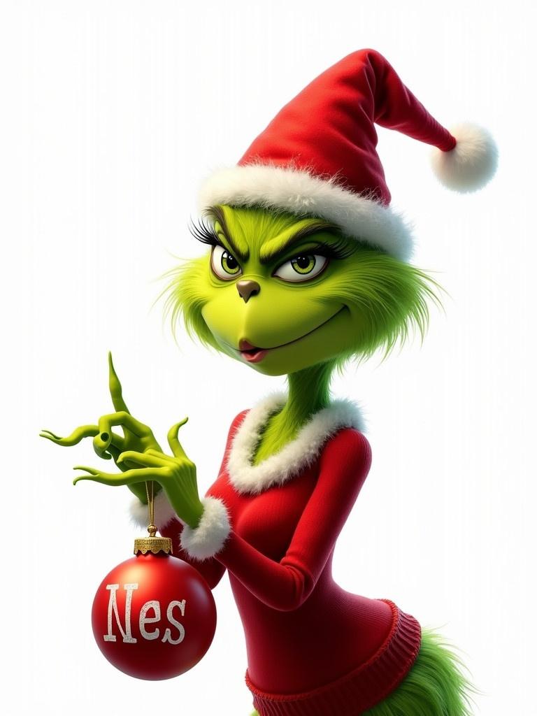 A female version of the Grinch holds a red ornament in her hand. The ornament has the word 'Nes' written on it. The Grinch is wearing a Santa hat and a red outfit. The background is white. The Grinch has a mischievous expression.