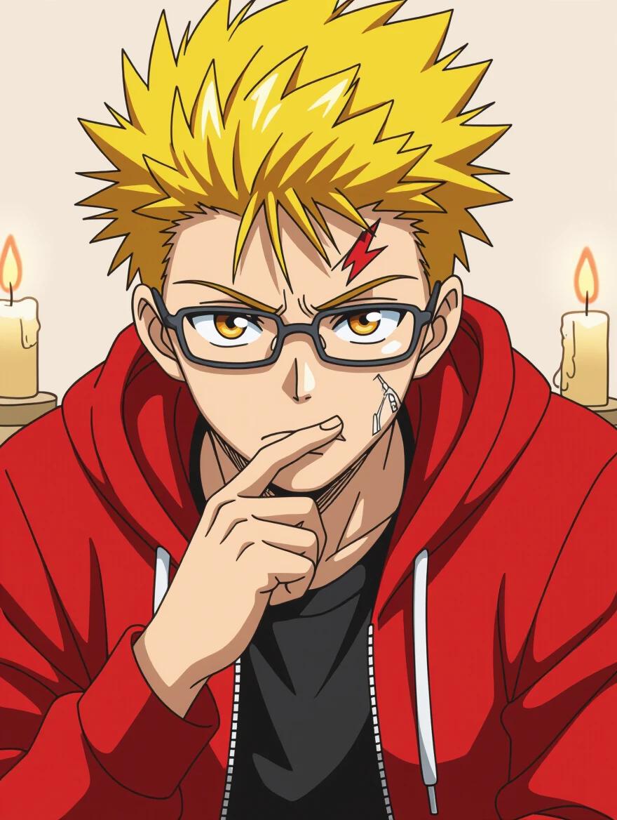 Anime guy in his twenties with spiky yellow hair. He has intense amber eyes and wears small black glasses. His expression is slightly frowning with tight eyebrows. He is in a red hoodie over a black shirt. He leans forward with his hand on his chin and index finger touching his lips. Eye reflections show candles. The image has a clean cel-shaded style and a warm neutral background.