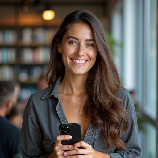 A woman with long hair holds a smartphone. She wears a denim shirt. The background features bookshelves in a cozy cafe. The setting suggests a mobile developer's work environment.