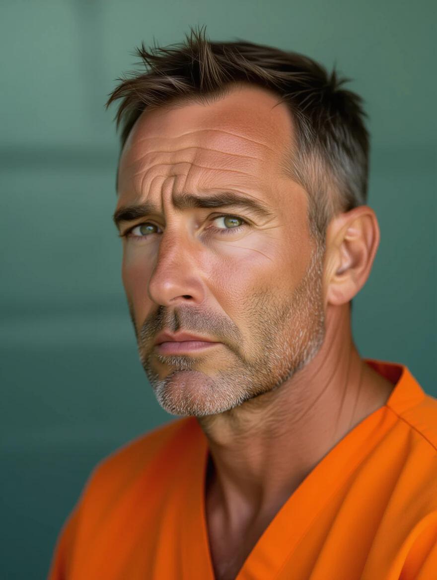 Middle-aged man with thinning dark brown hair and serious expression wearing orange prison uniform looks left. Background suggests a prison setting with muted tones and textured wall. Focus on upper body and face conveys tension.