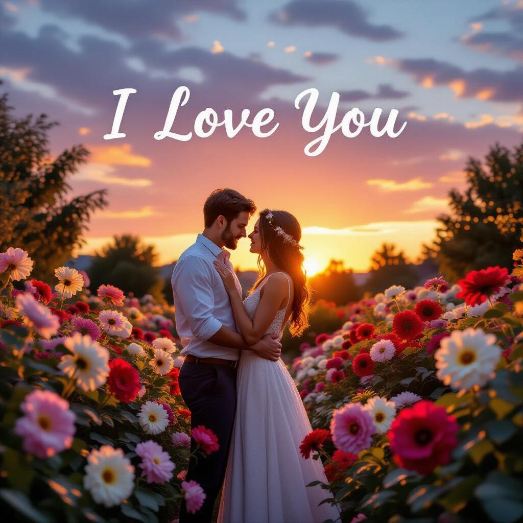 Dreamy romantic couple in a garden at sunset surrounded by big flowers with I Love You text on background in high resolution.